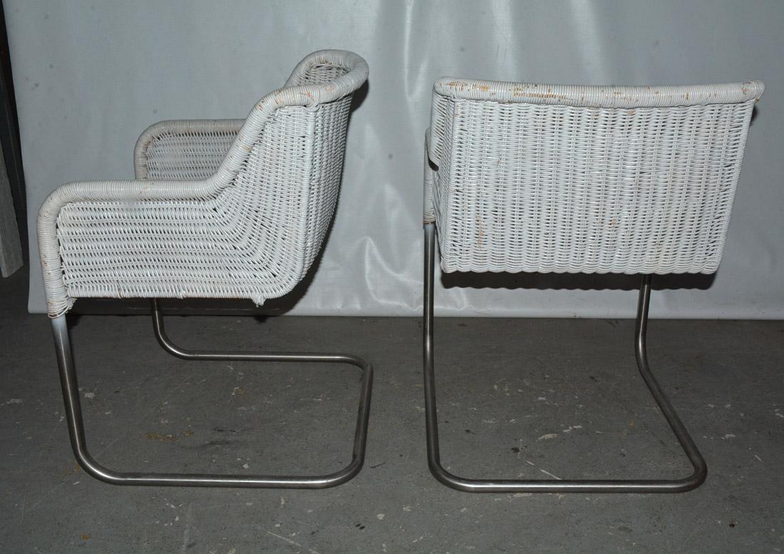 Pair of MCM Wicker Seat Metal Base Armchairs In Fair Condition For Sale In Sheffield, MA