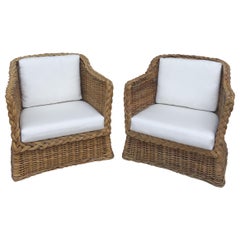 Pair of McQuire Rattan Wicker Safari Style Club Chairs