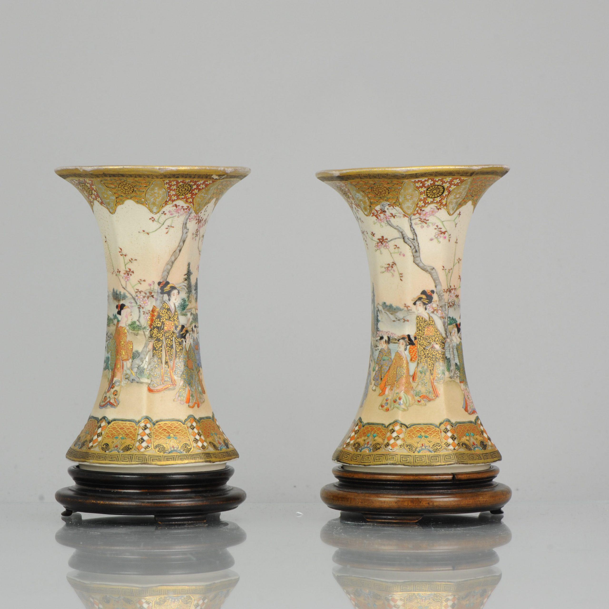 Pair Meiji Antique 1914 Japanese Bankozan Kyo Satsuma Vases Marked Japan 8