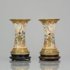 Pair Meiji Antique 1914 Japanese Bankozan Kyo Satsuma Vases Marked Japan
