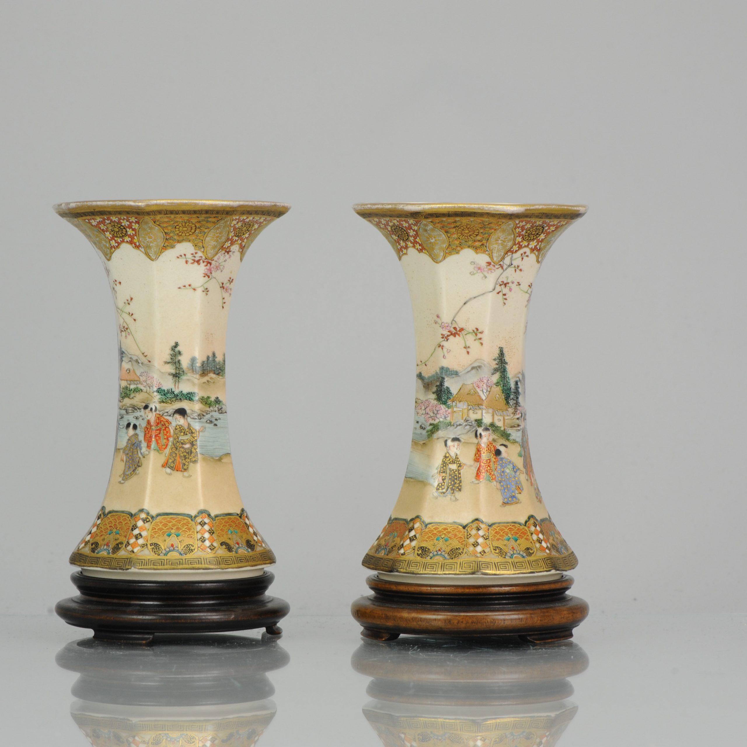Pair Meiji Antique 1914 Japanese Bankozan Kyo Satsuma Vases Marked Japan 1