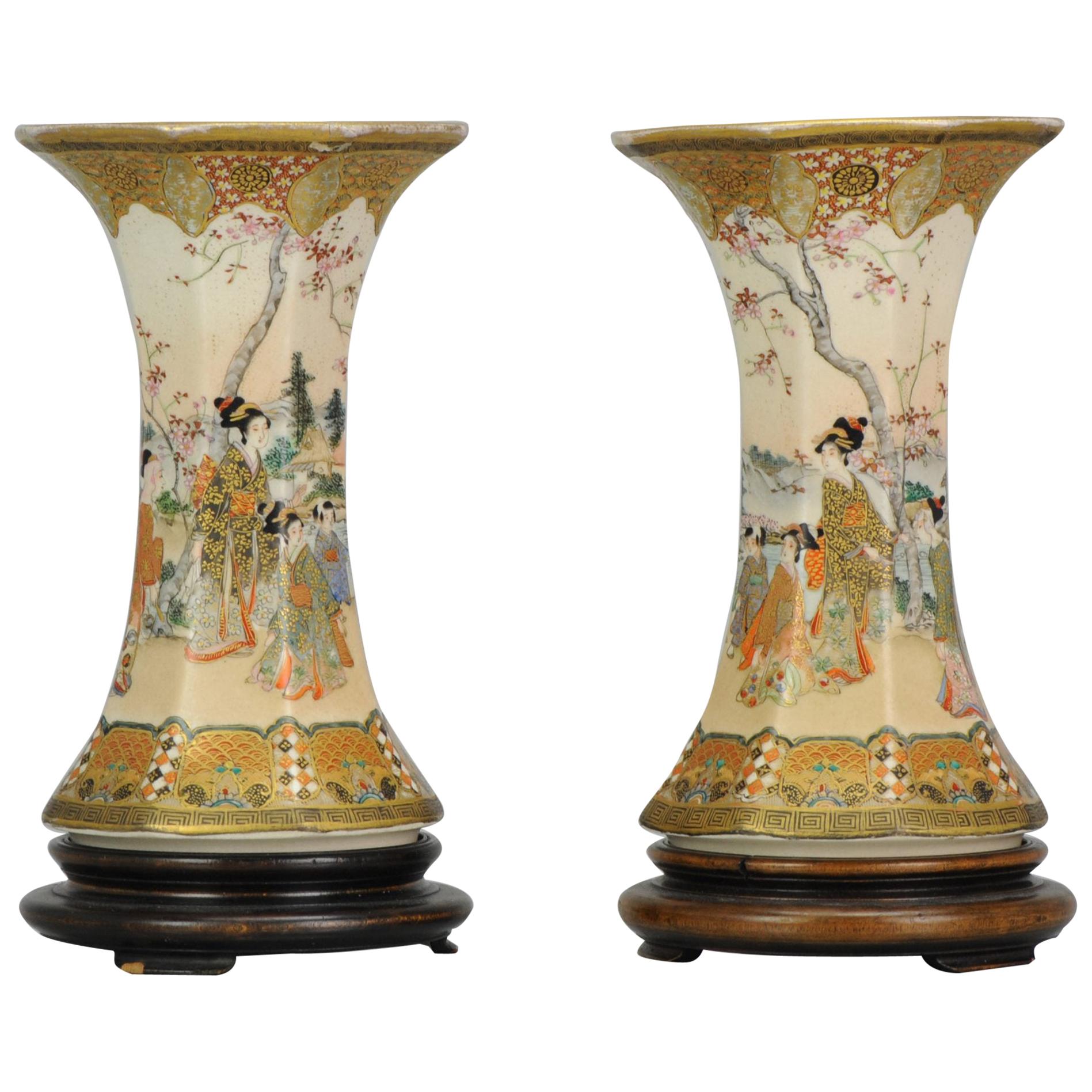 Pair Meiji Antique 1914 Japanese Bankozan Kyo Satsuma Vases Marked Japan