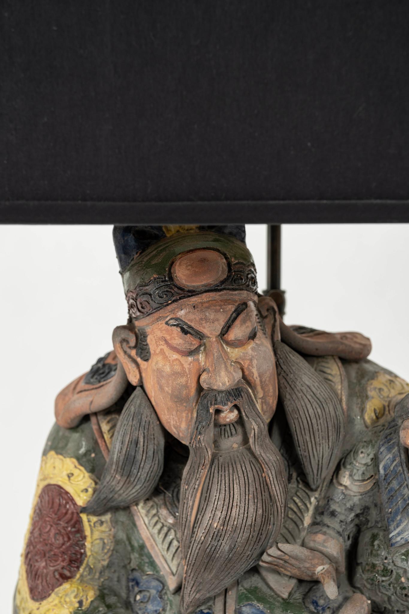 Pair Meiji Japanese Sumida Gawa Figural Pottery Lamps In Good Condition For Sale In Houston, TX