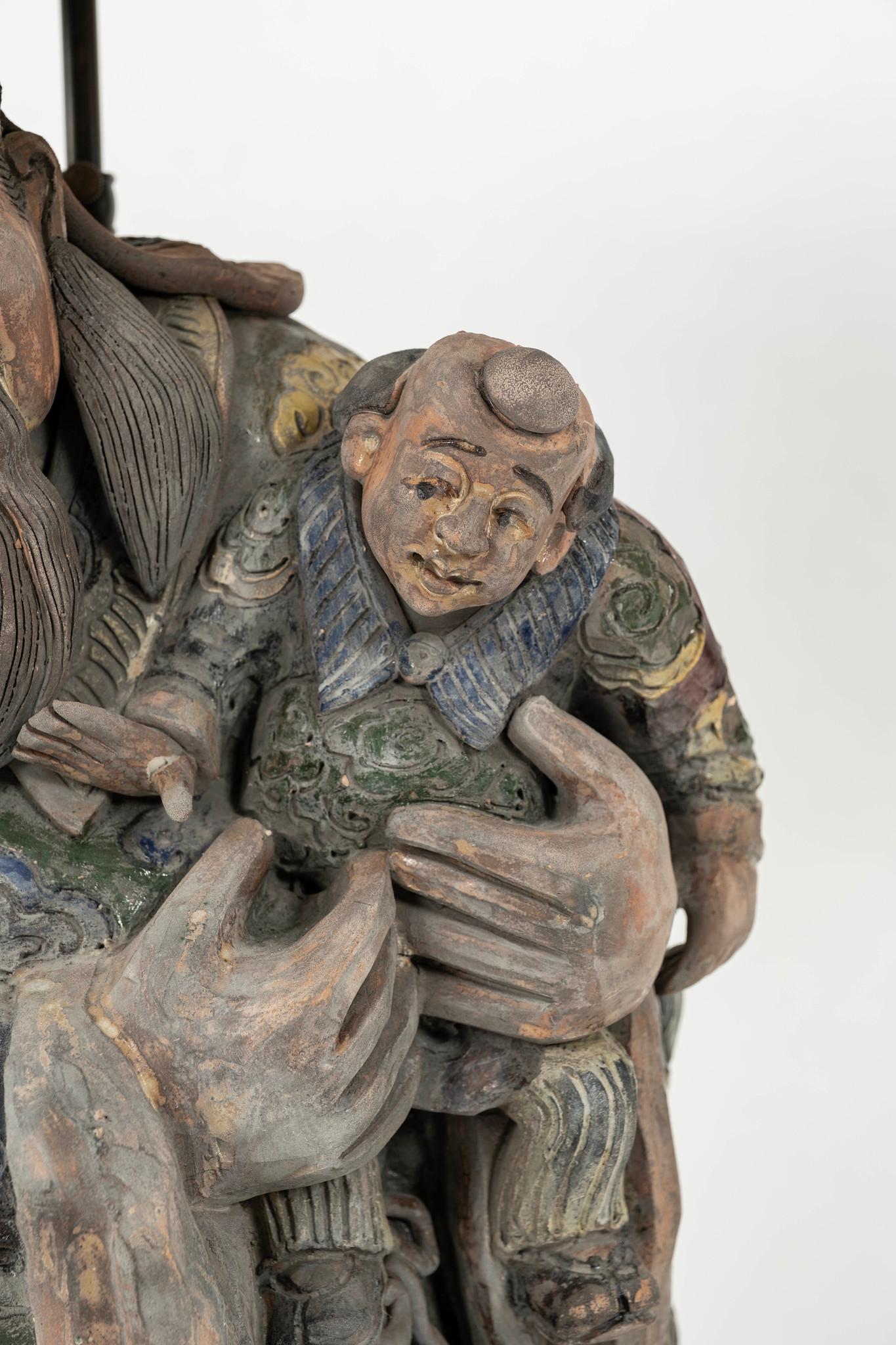 19th Century Pair Meiji Japanese Sumida Gawa Figural Pottery Lamps For Sale