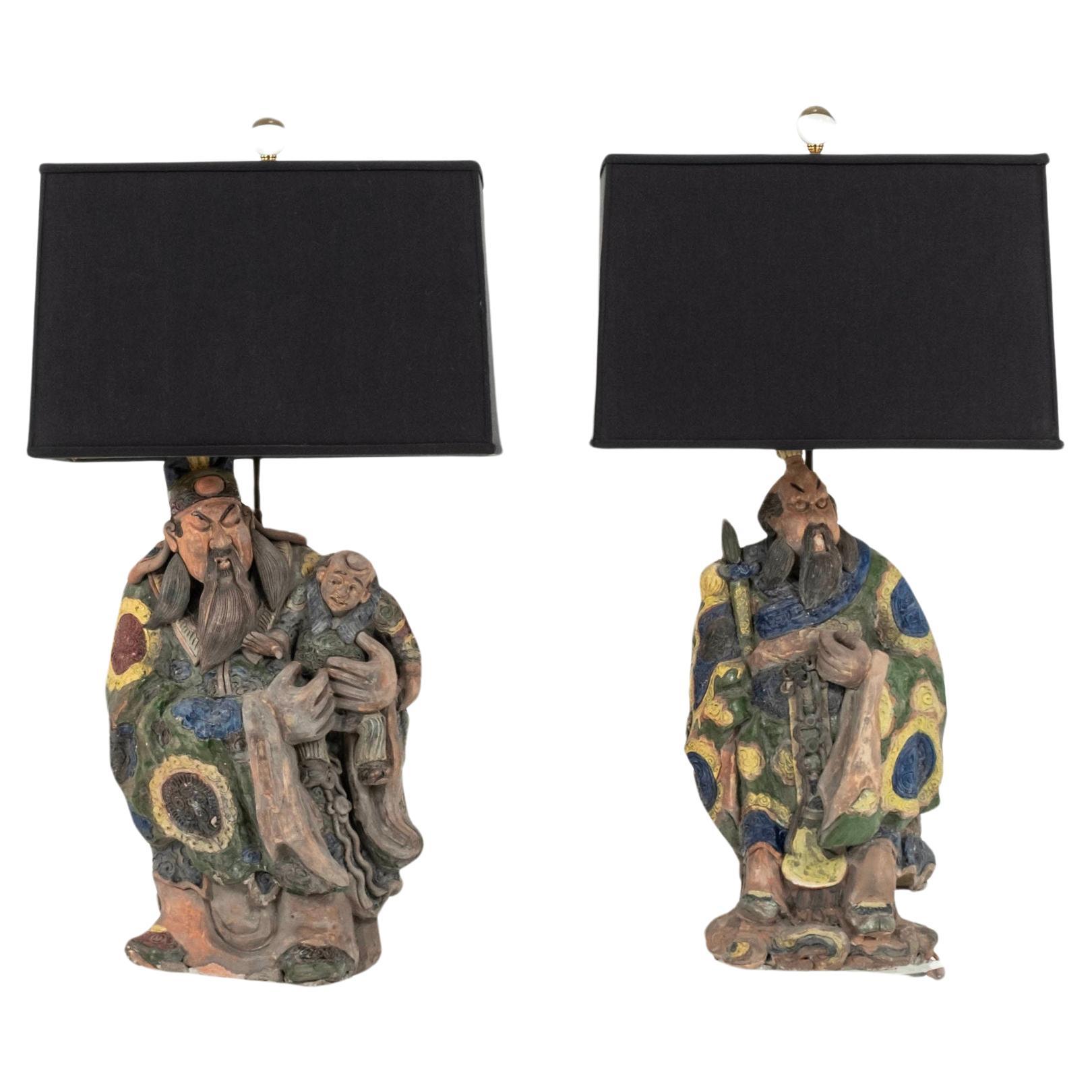Pair Meiji Japanese Sumida Gawa Figural Pottery Lamps For Sale