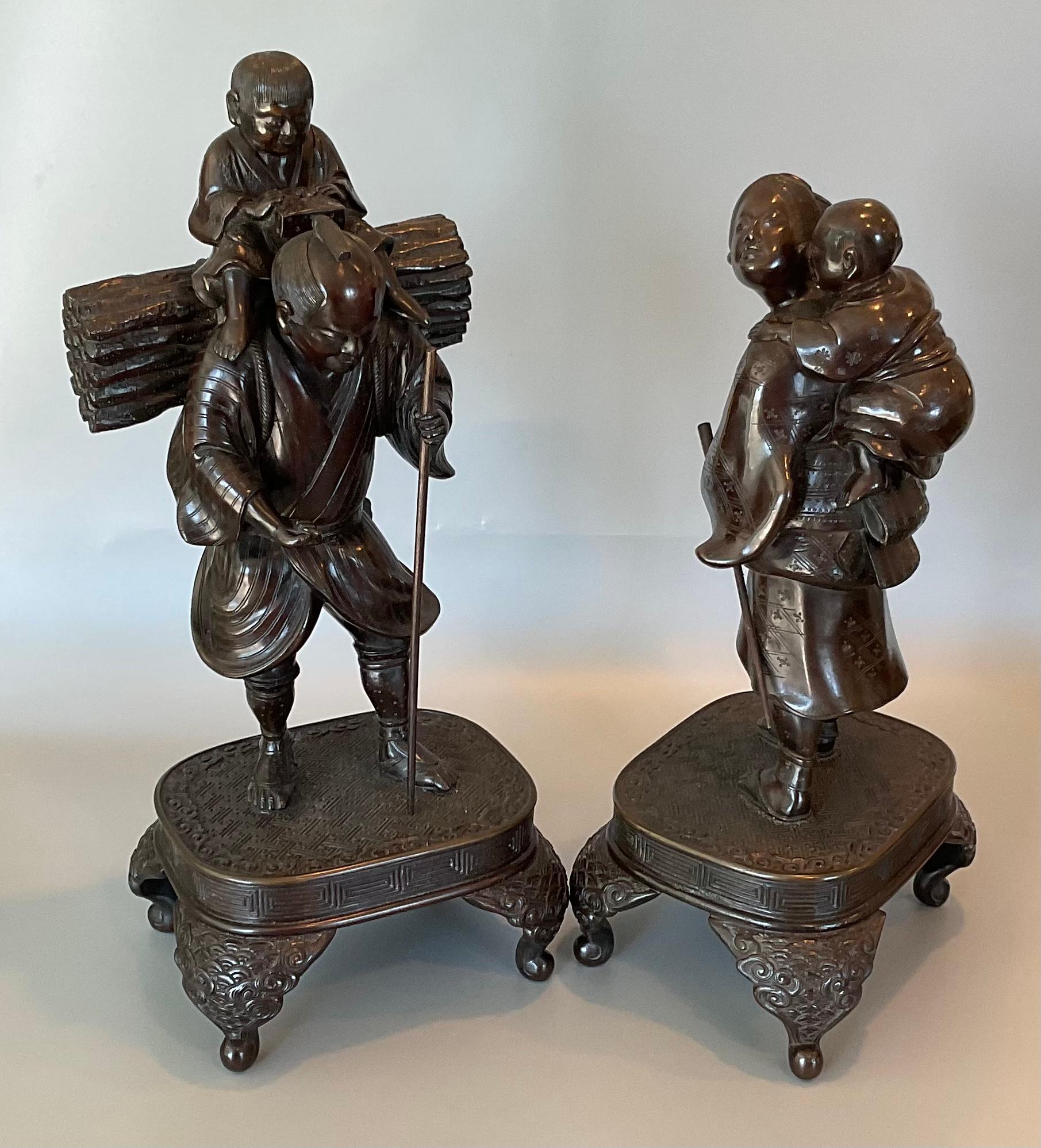 Pair Meiji Period Bronze Figural Hiking Family Sculpture Incredible Detail Stand For Sale 5