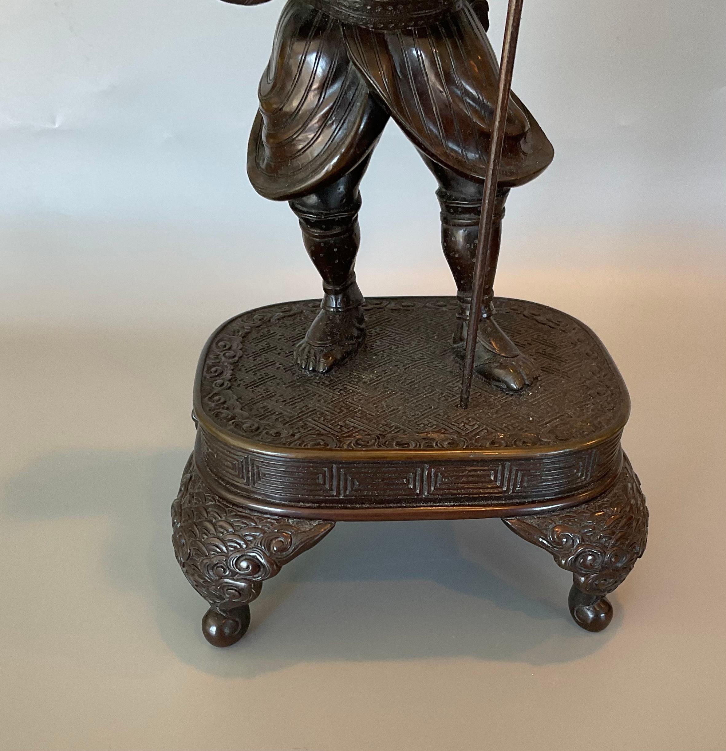 Pair Meiji Period Bronze Figural Hiking Family Sculpture Incredible Detail Stand In Good Condition For Sale In Ann Arbor, MI