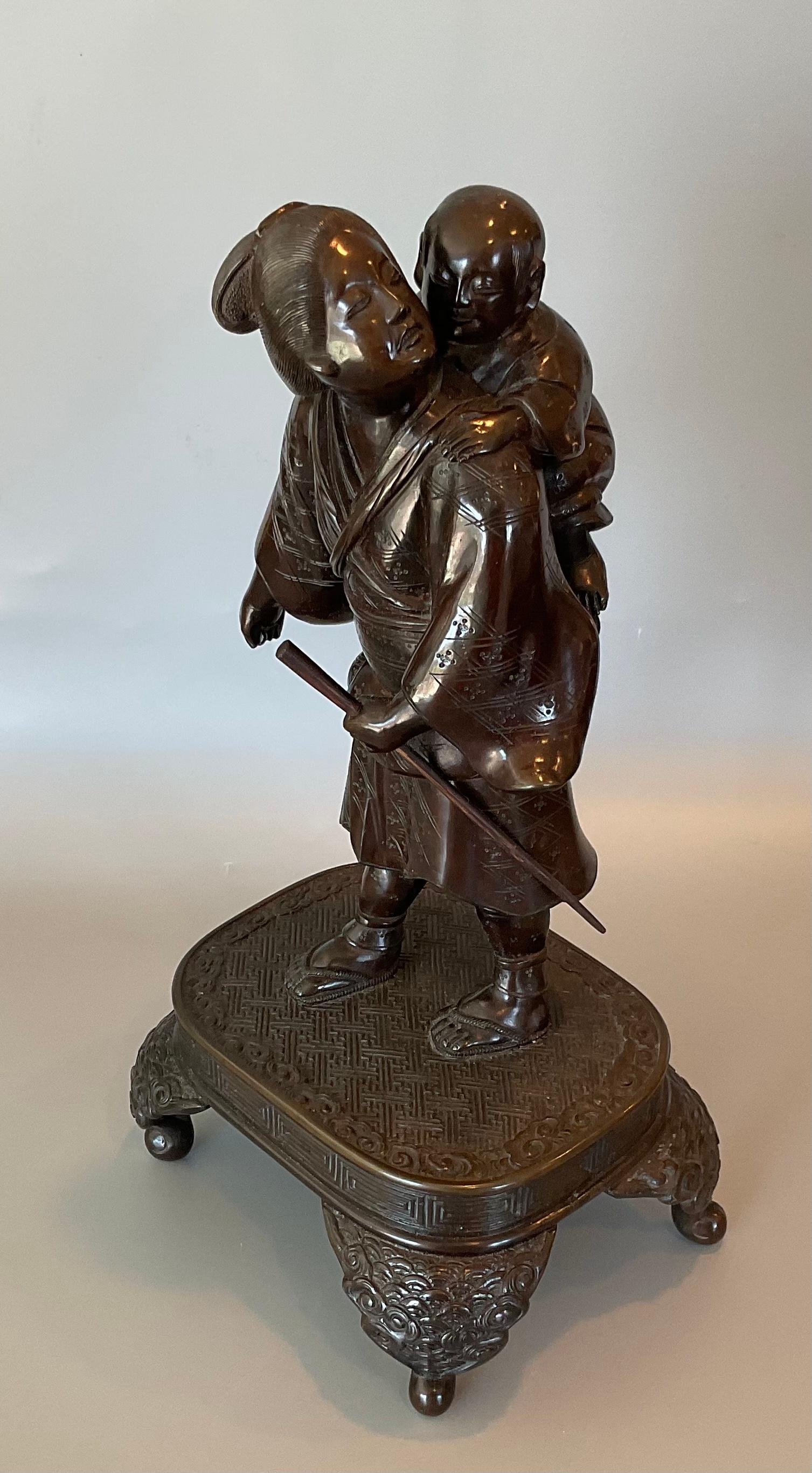 Pair Meiji Period Bronze Figural Hiking Family Sculpture Incredible Detail Stand For Sale 1