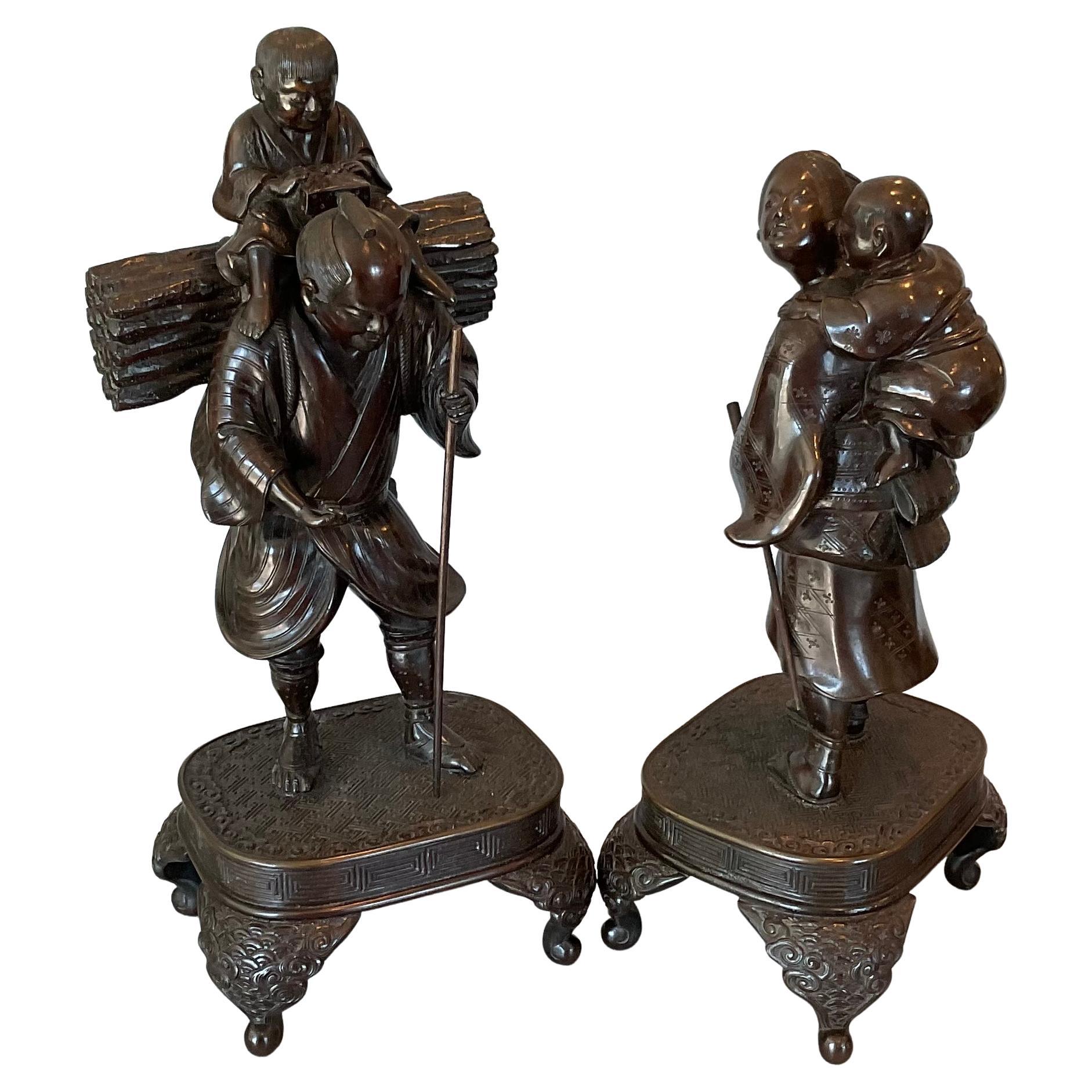 Pair Meiji Period Bronze Figural Hiking Family Sculpture Incredible Detail Stand