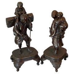Antique Pair Meiji Period Bronze Figural Hiking Family Sculpture Incredible Detail Stand