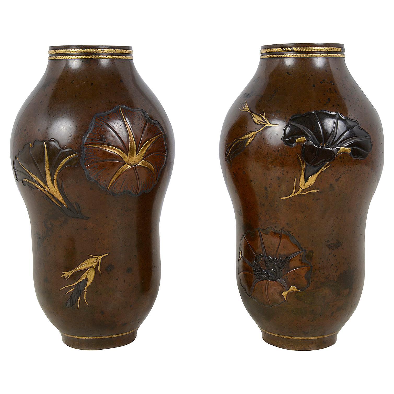 Pair Meiji Period Japanese Bronze over Lay Vases For Sale