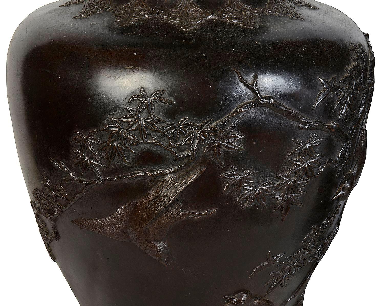 Patinated Pair Meiji period Japanese bronze vases, 19th century For Sale