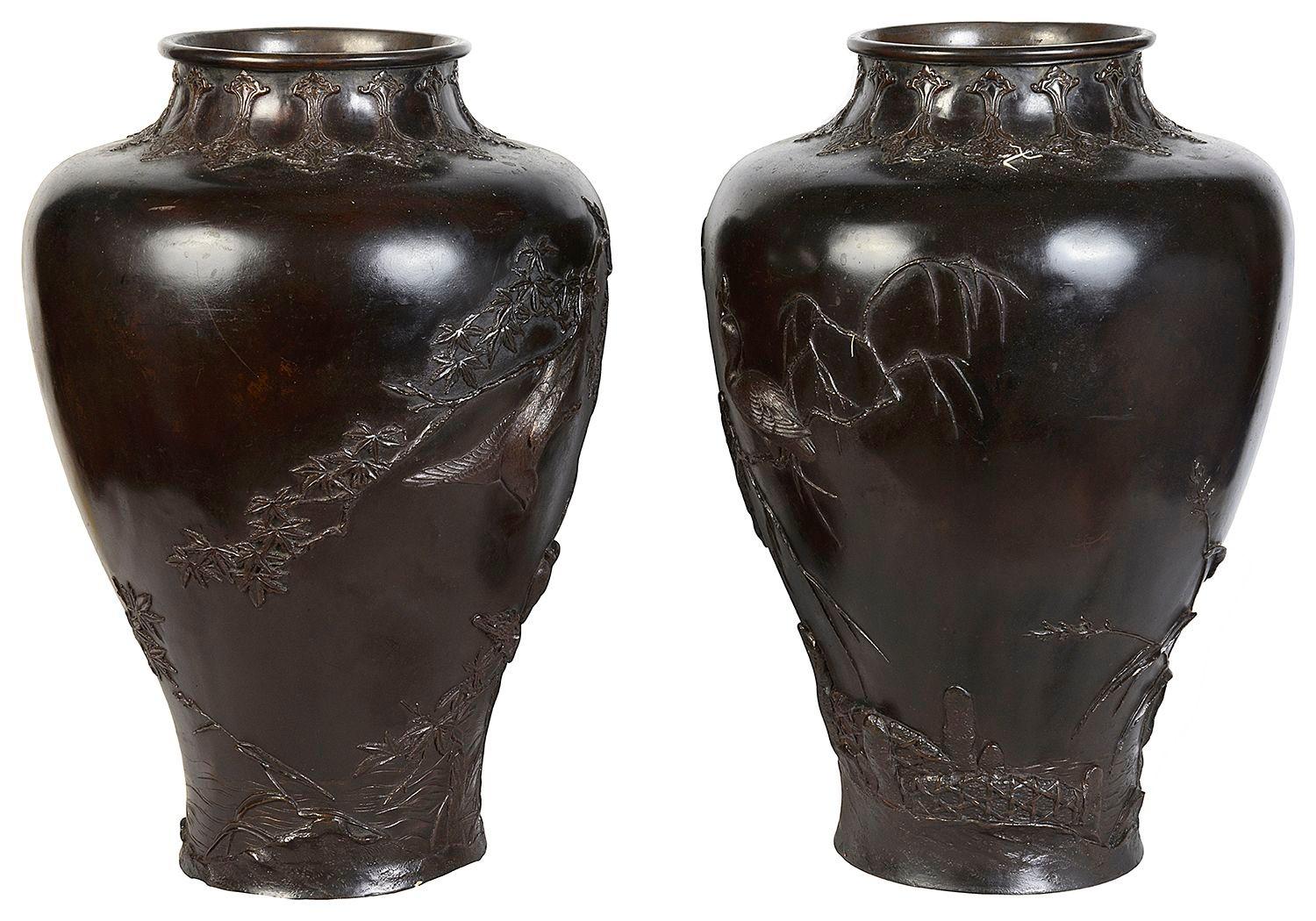Bronze Pair Meiji period Japanese bronze vases, 19th century For Sale