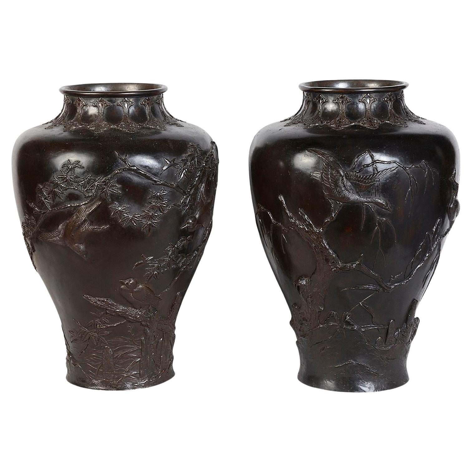 Pair Meiji period Japanese bronze vases, 19th century