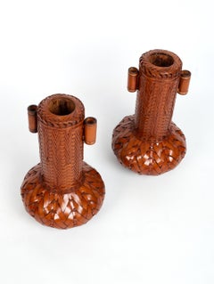 Pareja de jarrones japoneses Ikebana de bambú tejido lacado, Japón, C.1950