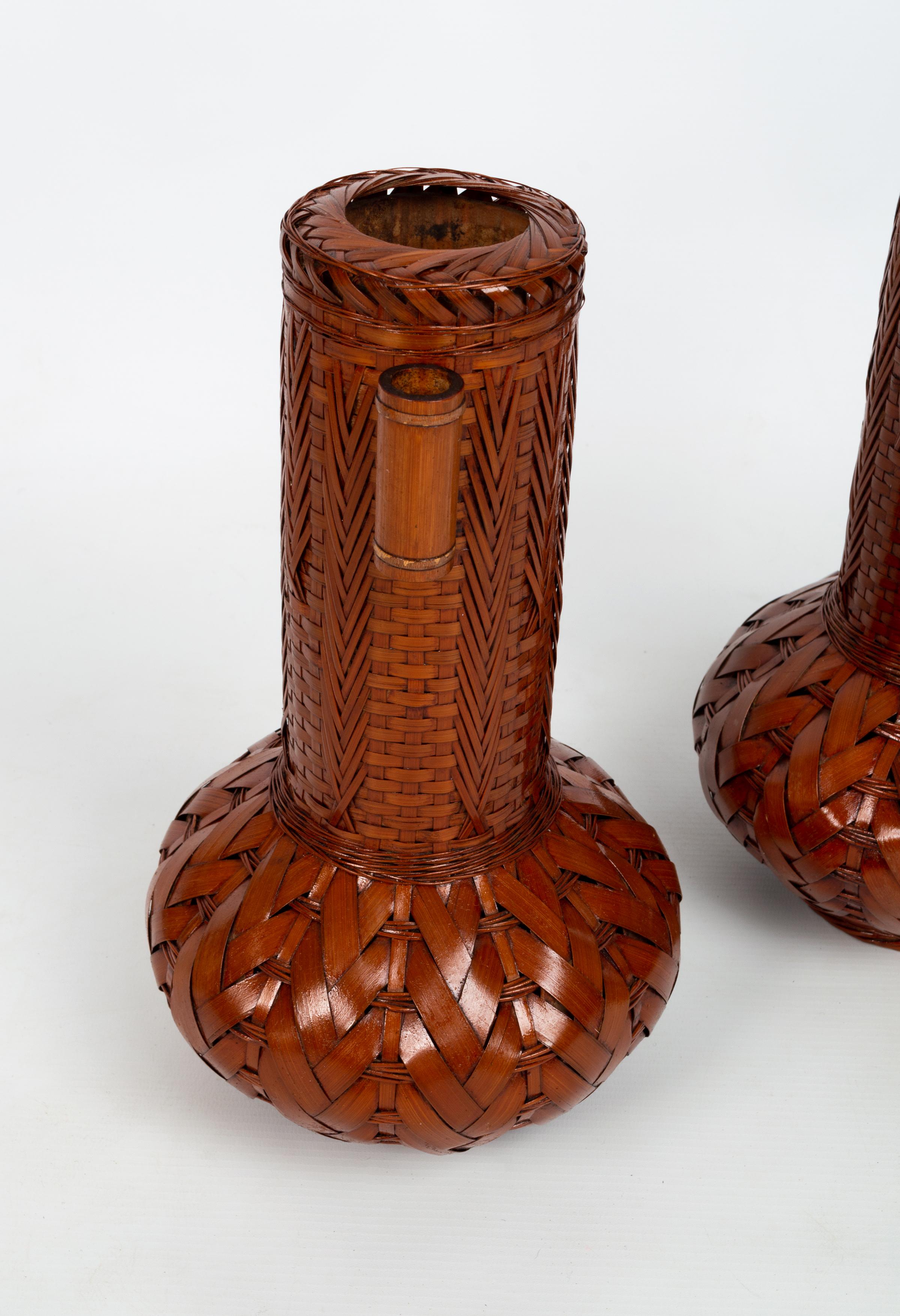 Showa Pair Japanese Lacquered Woven Bamboo Ikebana Vases, Japan, C.1950 For Sale