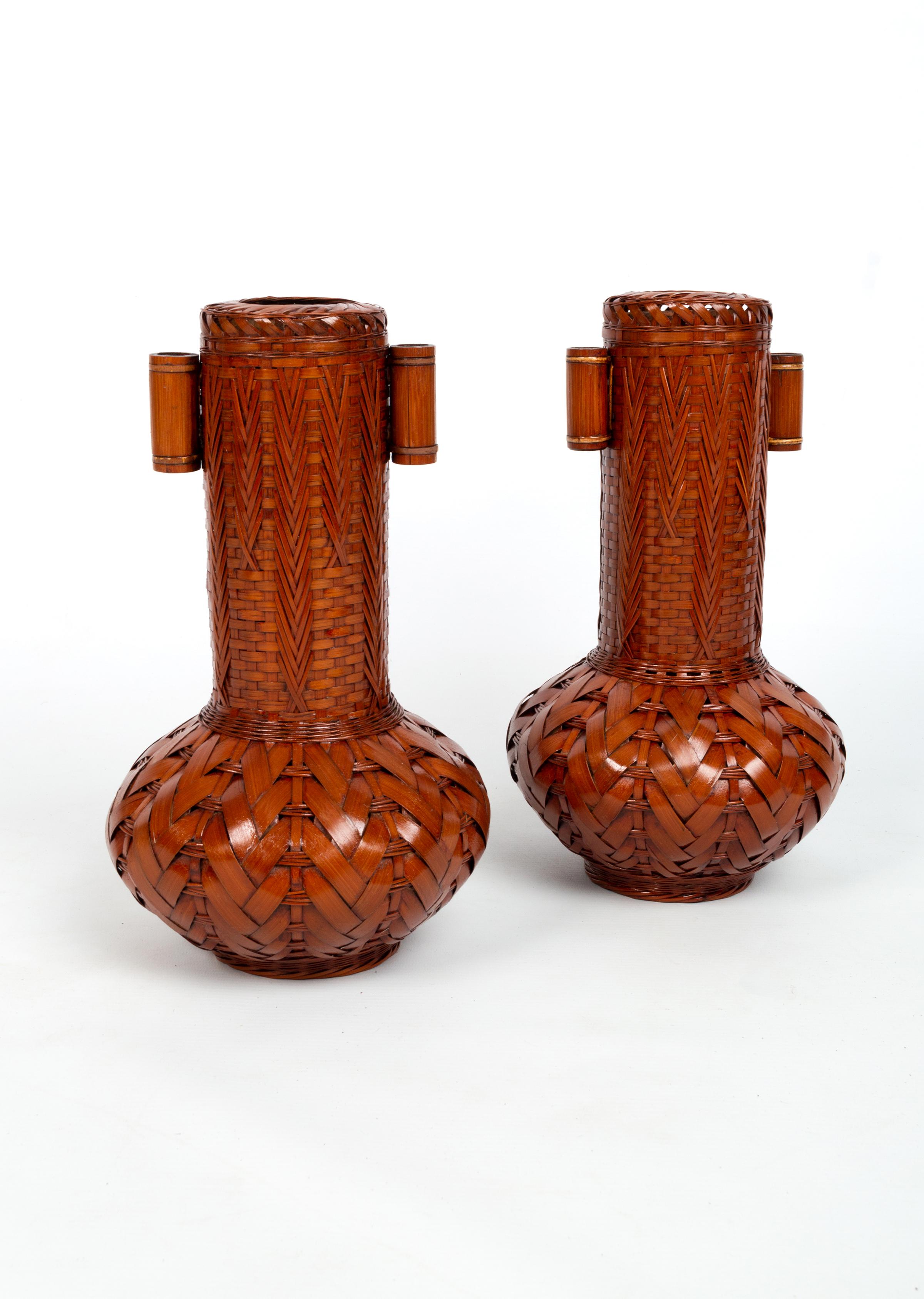Pair Japanese Lacquered Woven Bamboo Ikebana Vases, Japan, C.1950 In Good Condition For Sale In London, GB