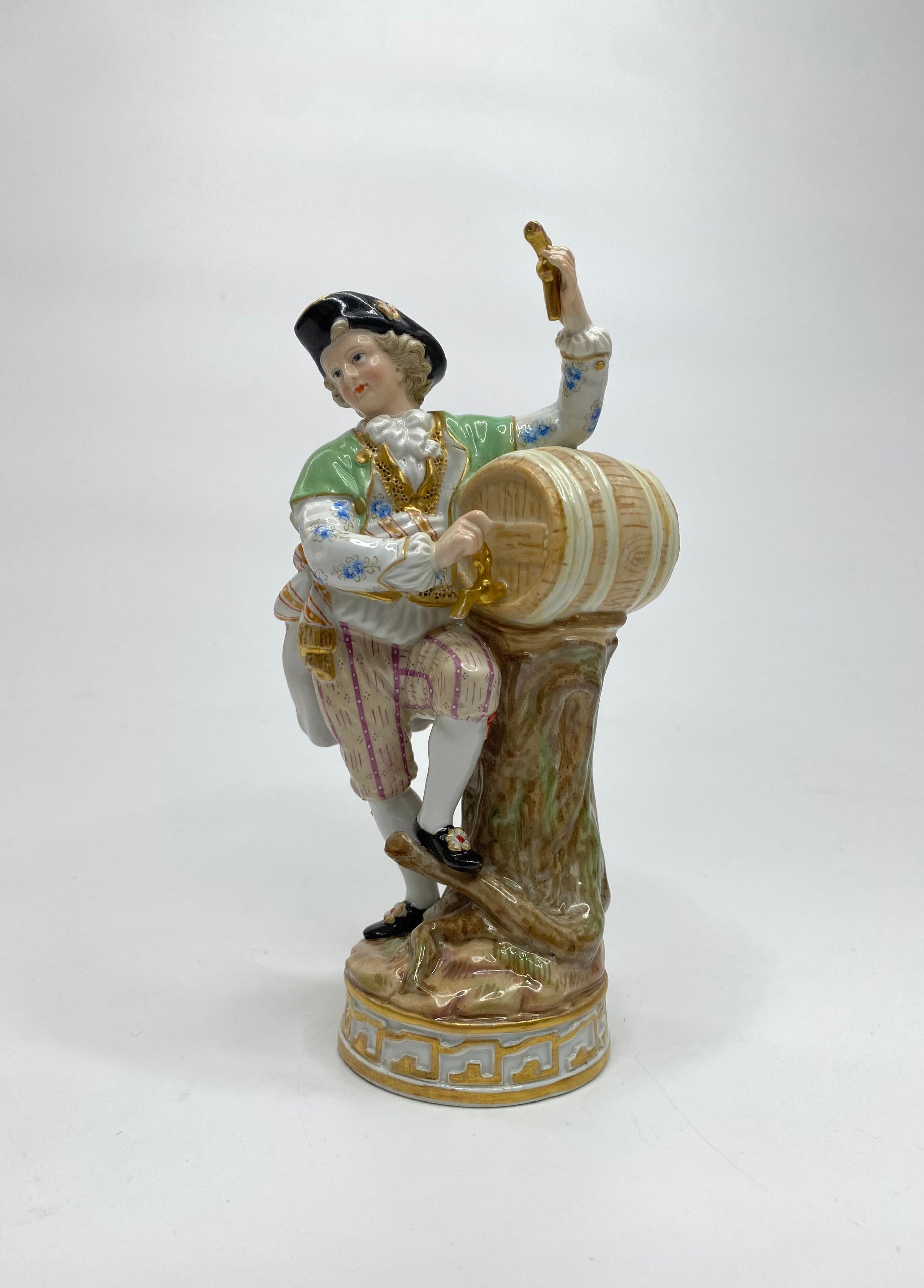 Pair Meissen porcelain ‘Vintners & Companion’, c. 1870.

£1,550.00
A fine pair of Meissen porcelain figures, c. 1870. Modelled after Michel Victor Acier, and based on a drawing by Johan Schenau, as a Vintner and Companion.
Both figures dressed in