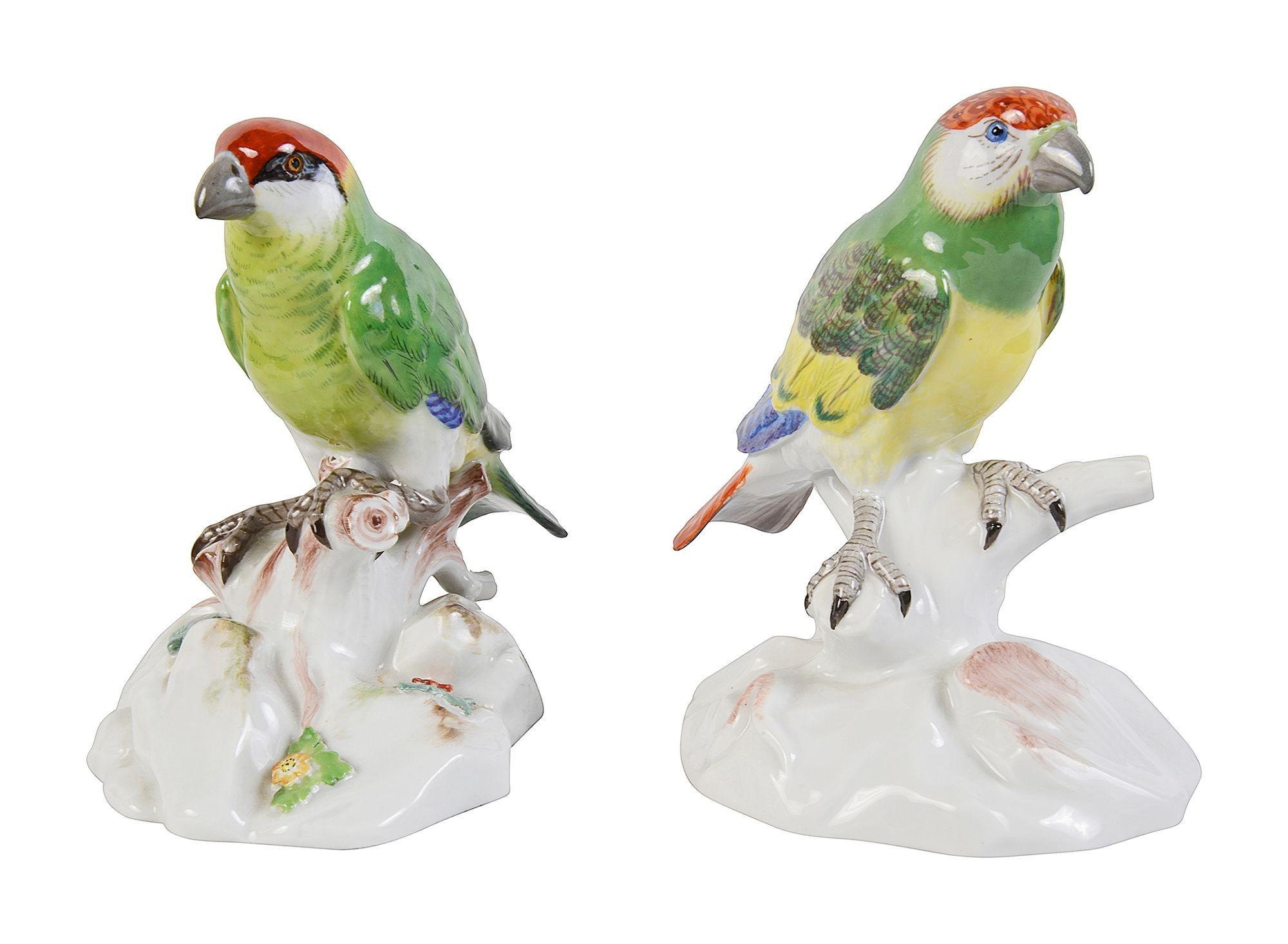 Small pair of enchanting late 19th Century Meissen porcelain Parrots, each with wonderful bold colouring and signed with the blue crossed swords to the base.


Batch 76 G9490/21 CEKZ