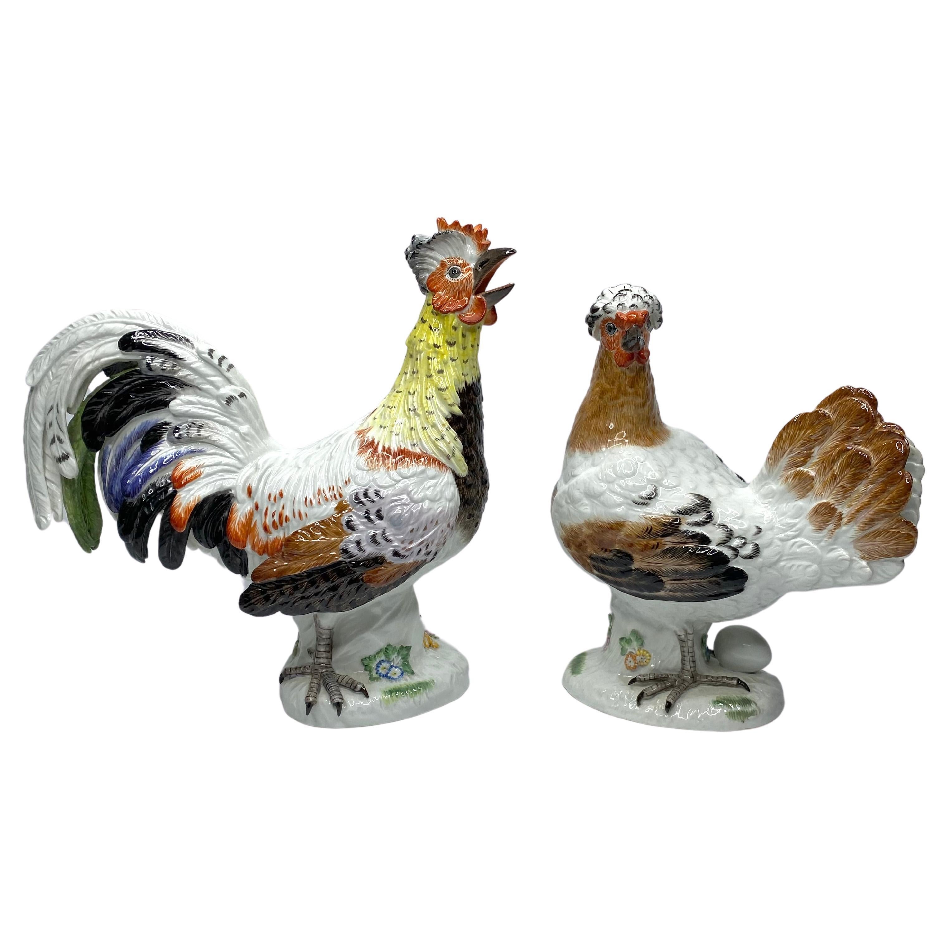 Pair Meissen porcelain covered and hen, c. 1920. For Sale