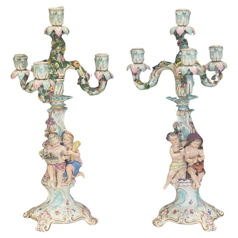 Pareja de candelabros Figurales de porcelana de Meissen Circa Siglo XIX en venta 14
