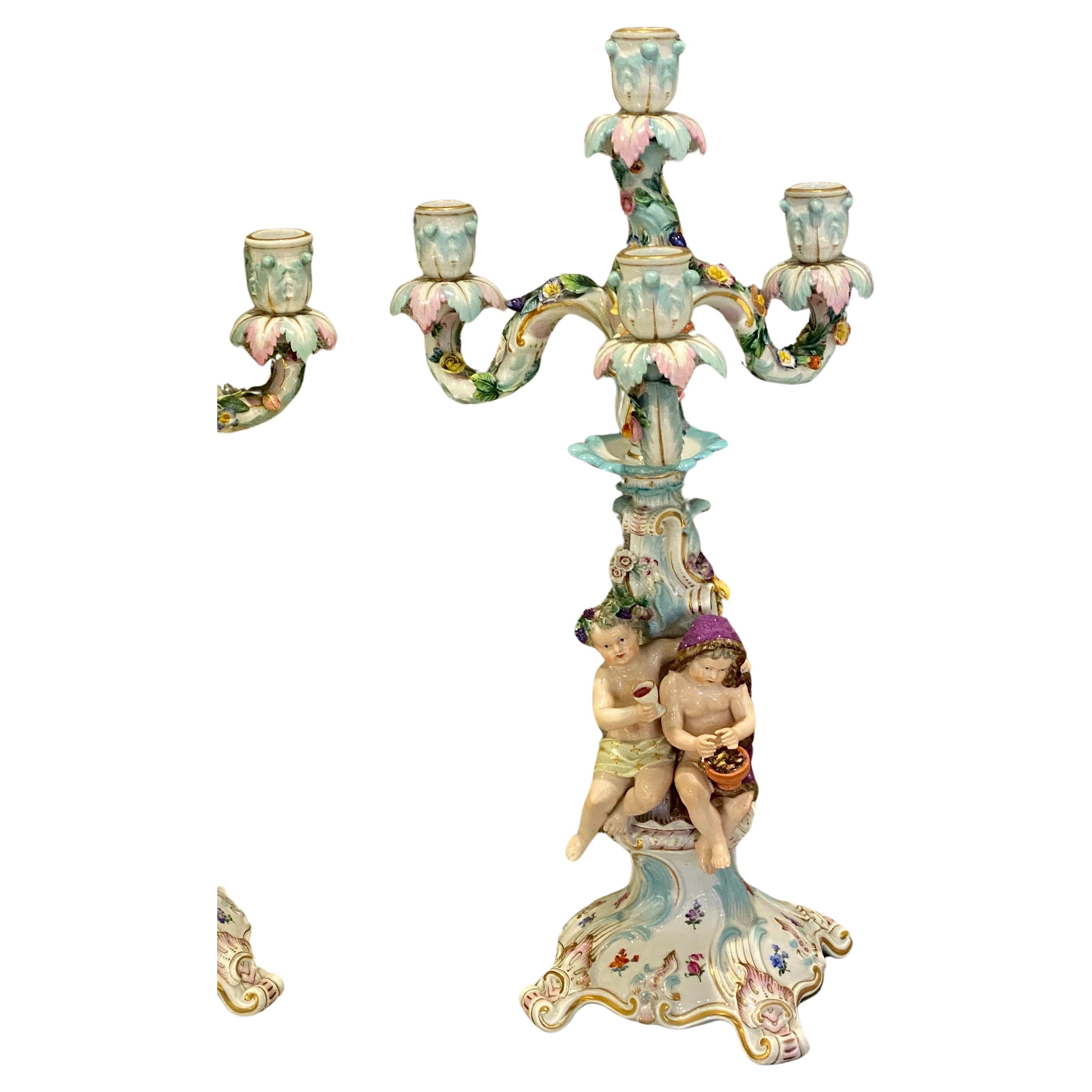 German Pair Meissen porcelain Figural candelabra Circa 19th Century  For Sale