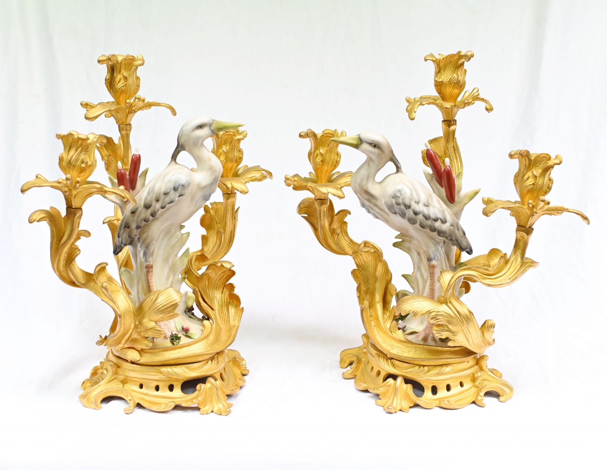 Wonderful pair of Meissen porcelain and gilt candelabras
Please see a close up of the factory stamp on the side of the birds
Very ornate pair with three branches to the gilt rococo candelabras
The bird is a type of crane or other wading bird and