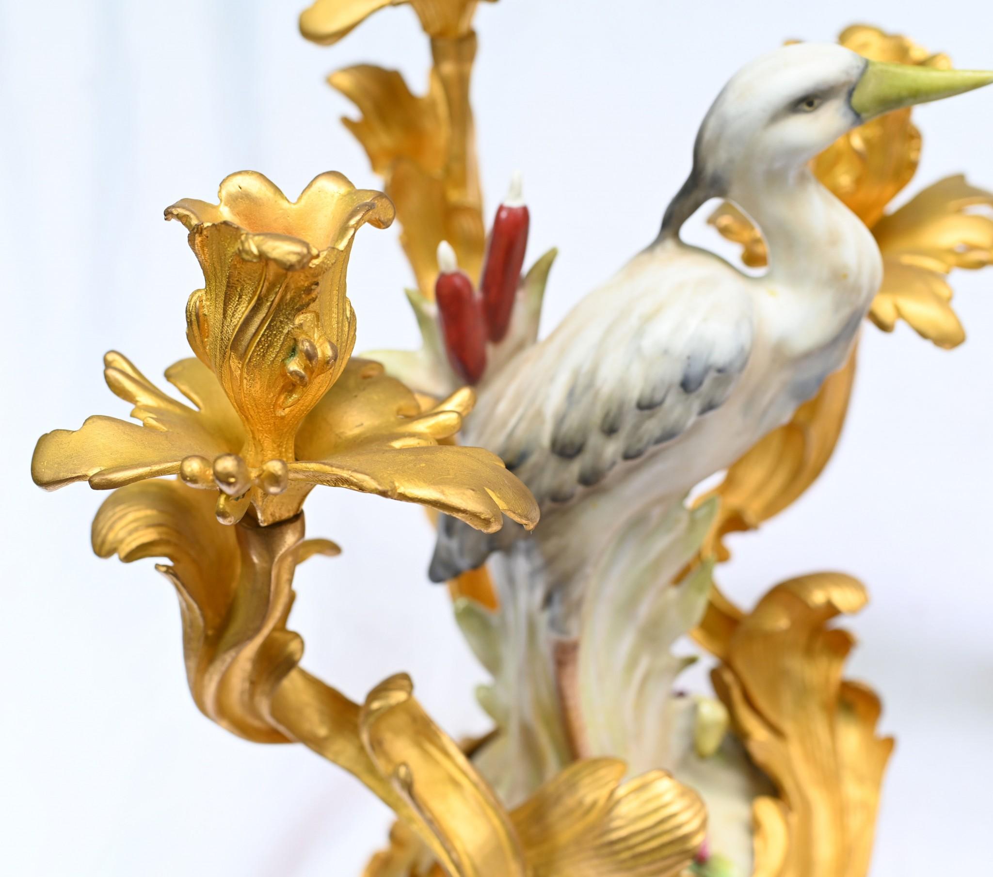 Pair Meissen Porcelain Gilt Bird Candelabras German Dresden For Sale 1