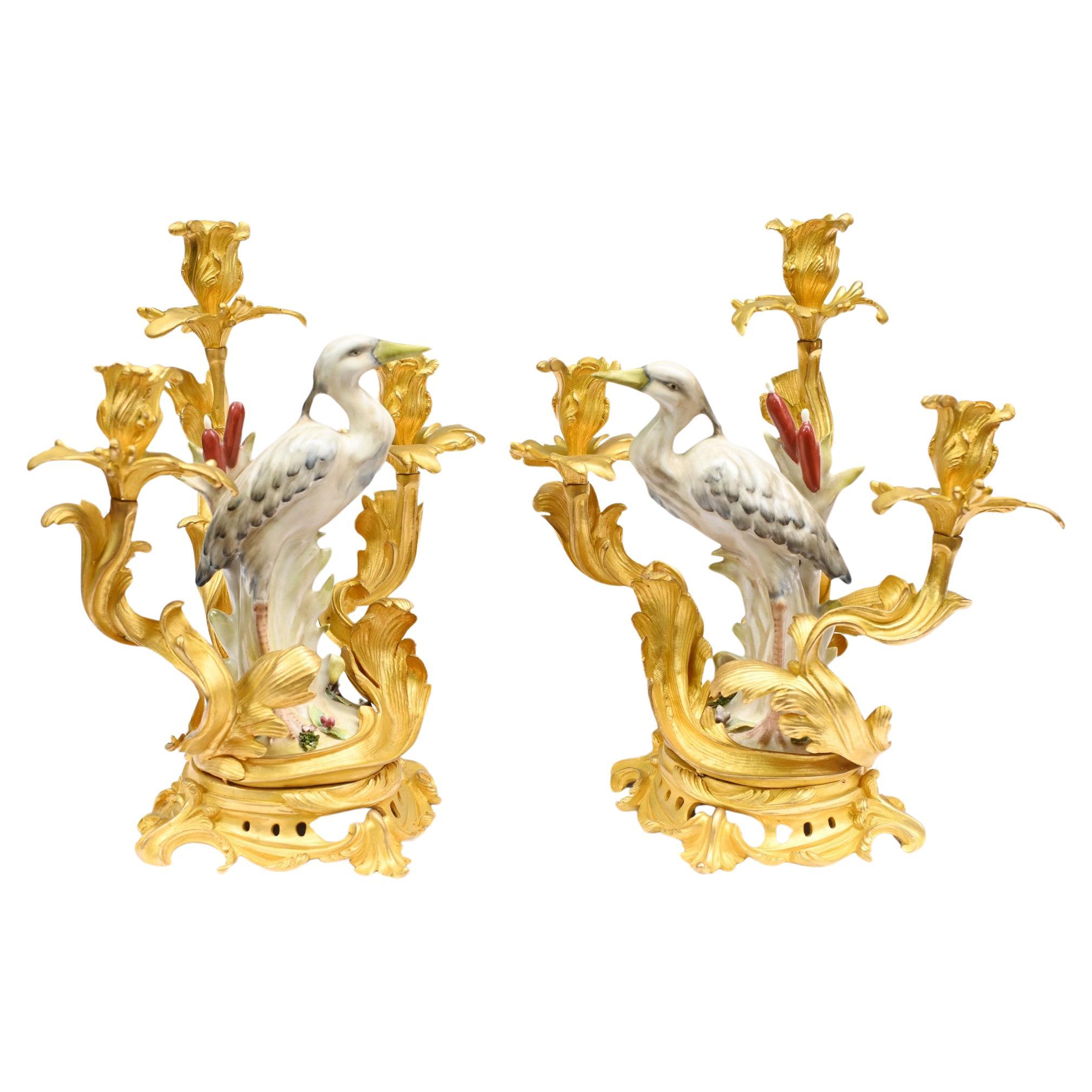 Pair Meissen Porcelain Gilt Bird Candelabras German Dresden For Sale