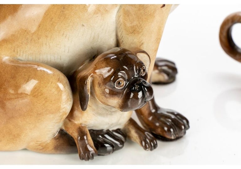 Pair Meissen Porcelain Pug Dog Figures With Pup After J.J.Kaendler