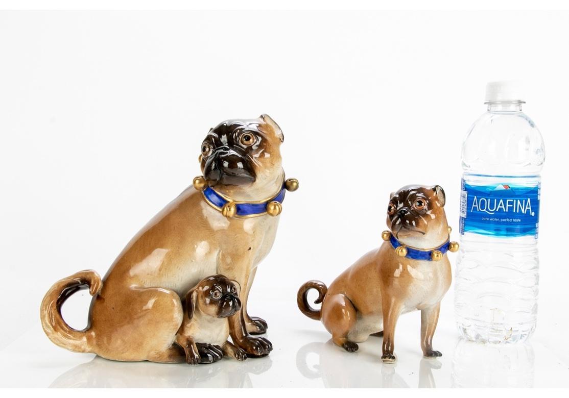 20th Century Pair Meissen Porcelain Pug Dog Figures With Pup After J.J.Kaendler For Sale