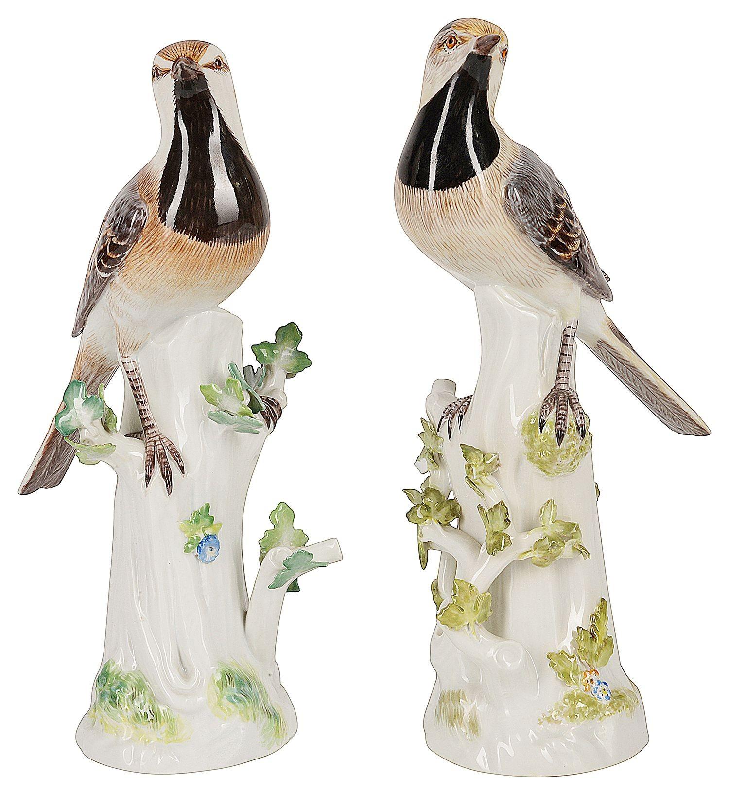 A very good quality pair of late 19th Century German Meissen Porcelain statues of White Wag tails perched on a tree stump.
Signed to the base of each with Blue crossed swords.