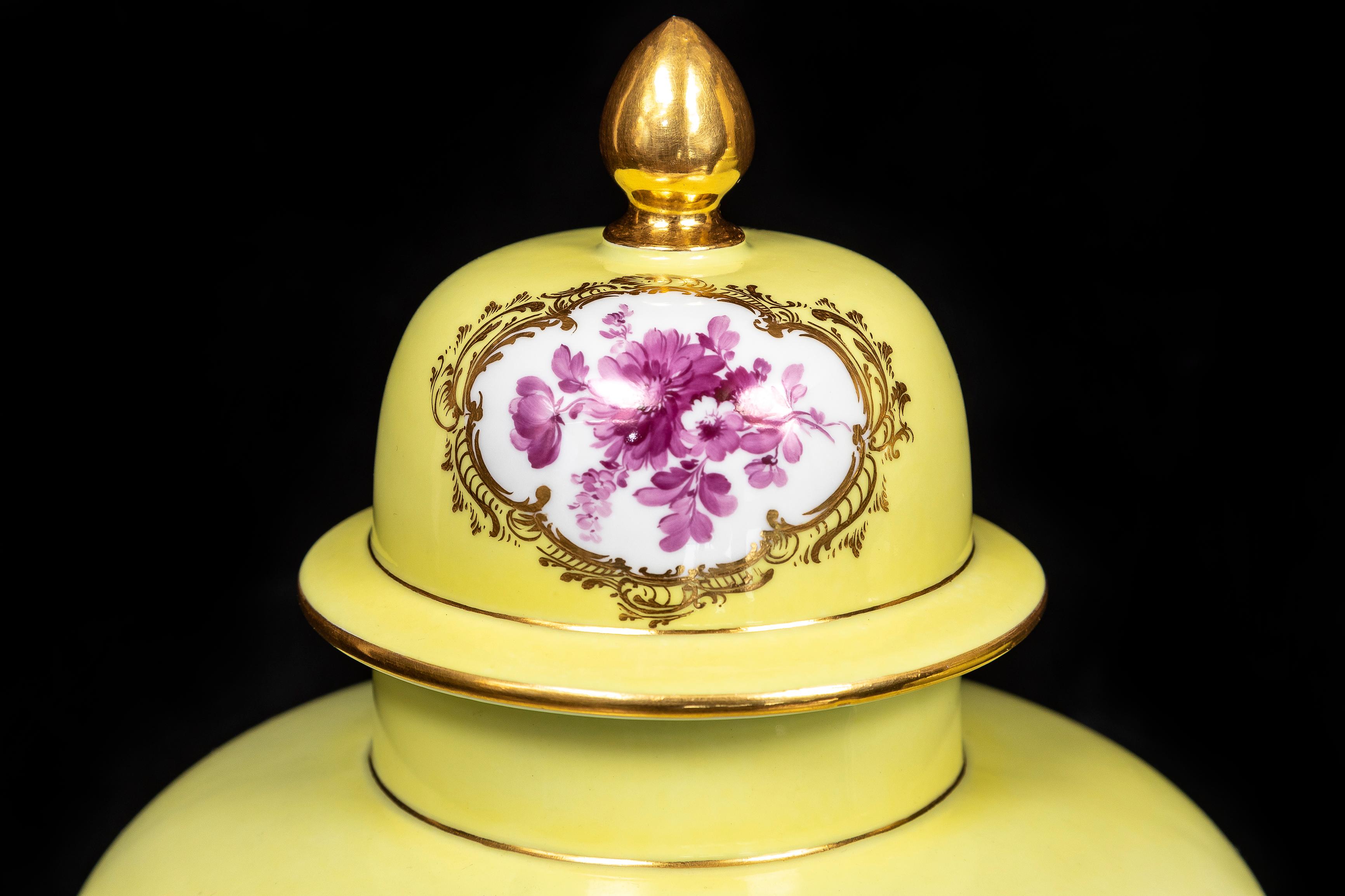 Coppia di vasi di Meissen Porcelain a fondo giallo con copertura in porcellana e scena dipinta a Watteau in vendita 4