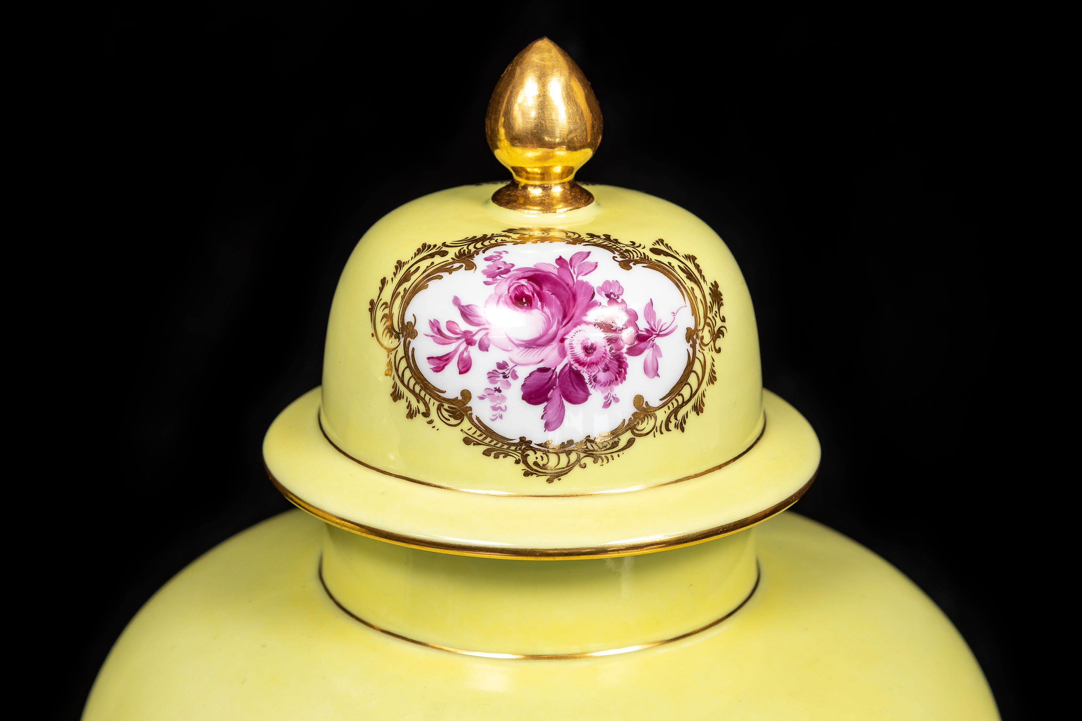 Coppia di vasi di Meissen Porcelain a fondo giallo con copertura in porcellana e scena dipinta a Watteau in vendita 5