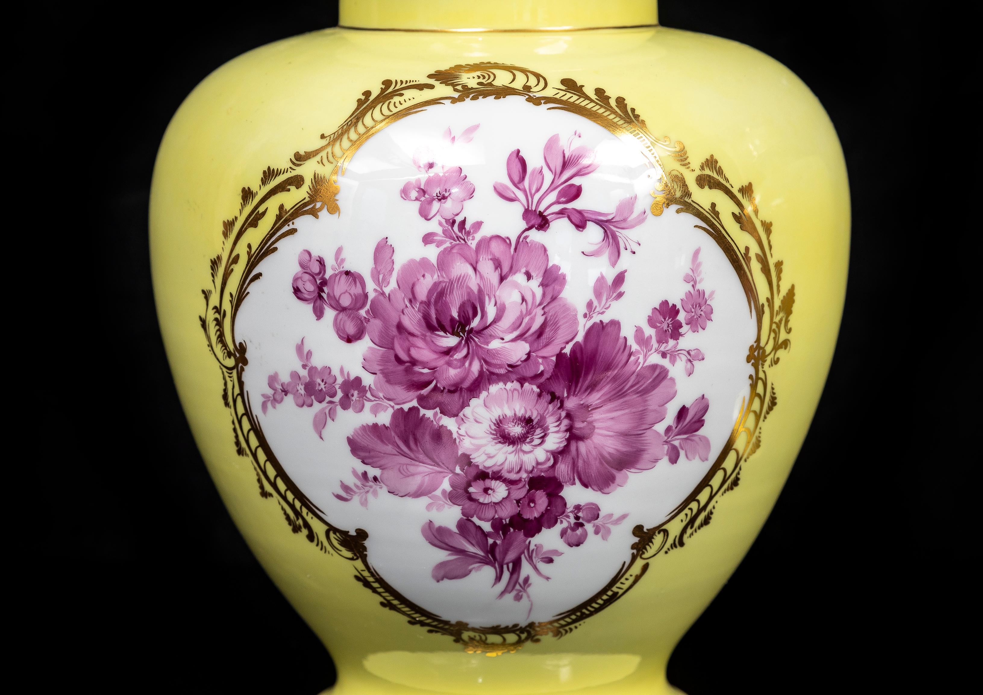 Oro Coppia di vasi di Meissen Porcelain a fondo giallo con copertura in porcellana e scena dipinta a Watteau in vendita
