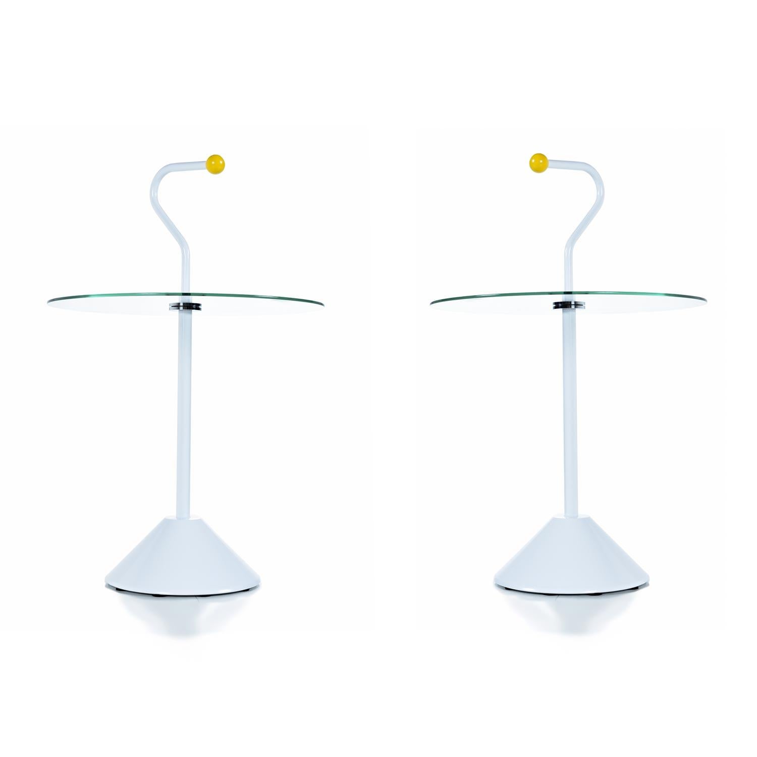 Mid-Century Modern Pair of Memphis White Enamel and Glass Side Tables with Handles