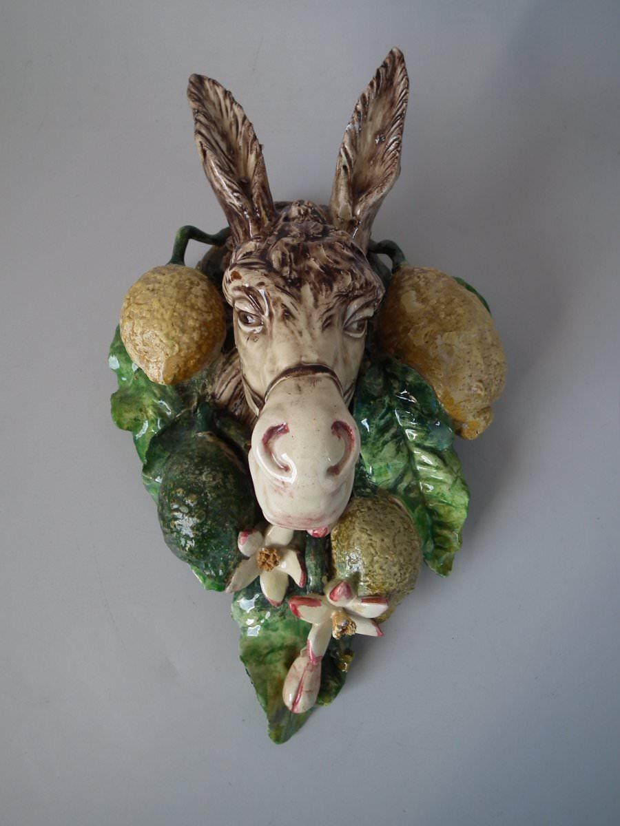 Victorian Pair of Menton Majolica Donkey Wall Pockets
