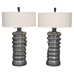 Pair Mercury Glass Segmented Form Tall Table Lamps