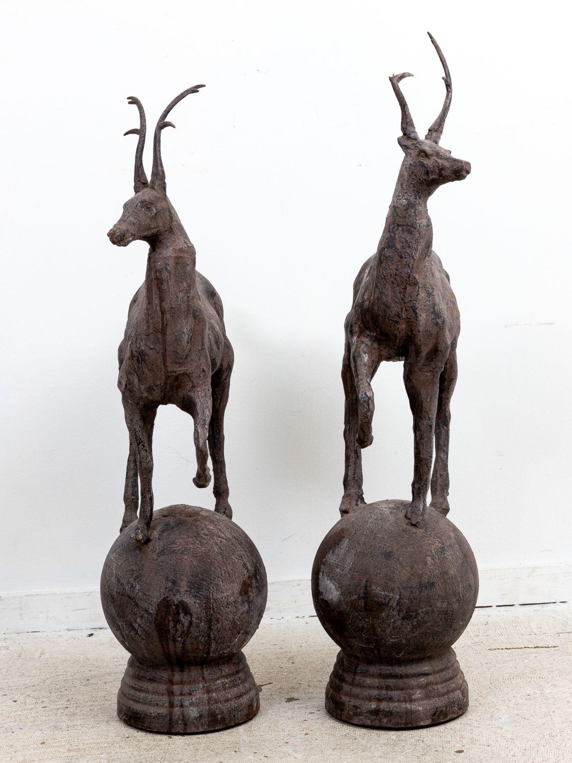Pair Metal Stags on Globe, late 20th Century 3