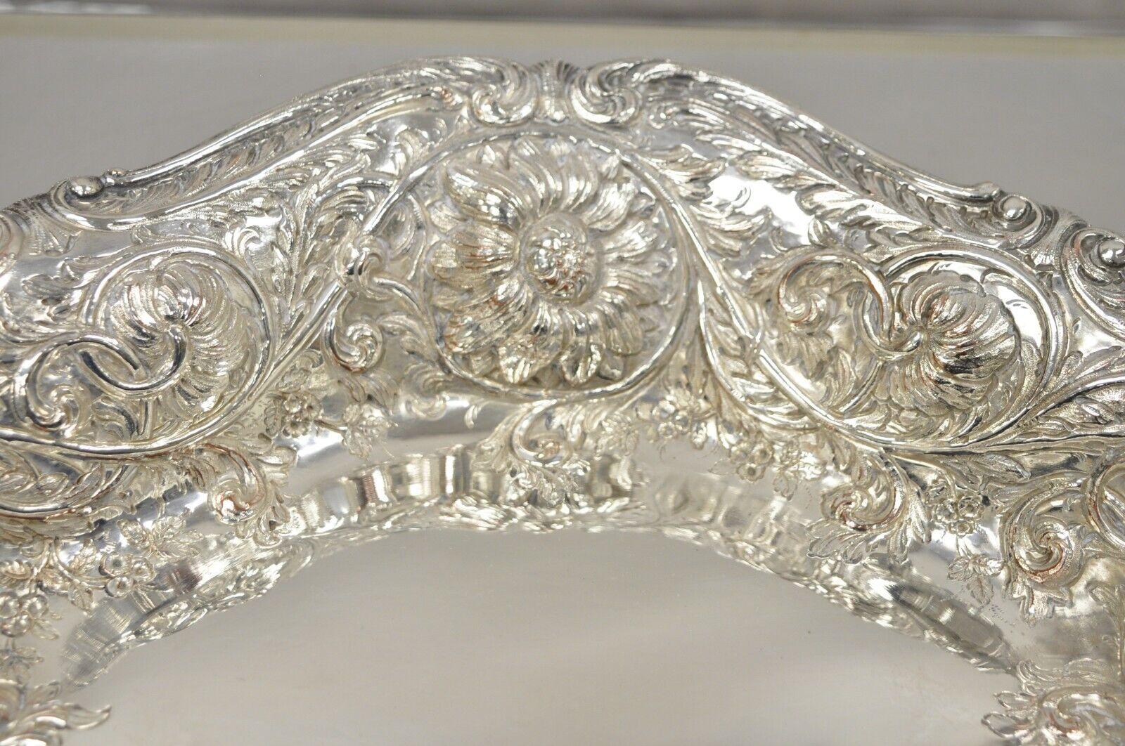 Early 20th Century Pair M&H English Victorian Art Nouveau Silver Plate Floral Repousse Fruit Bowls For Sale
