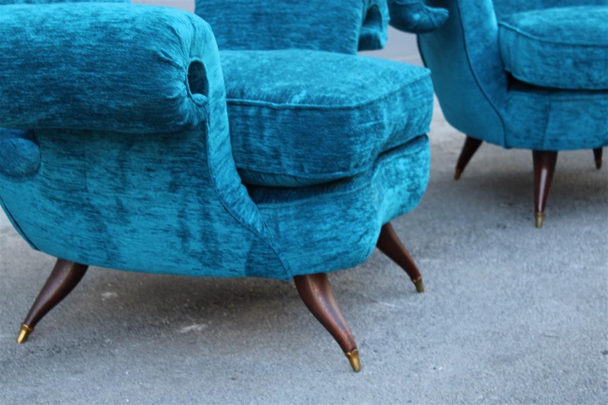 Pair Mid-Century Italian Armchairs Blue Velvet Melchiorre Bega Feet Wood Brass 7