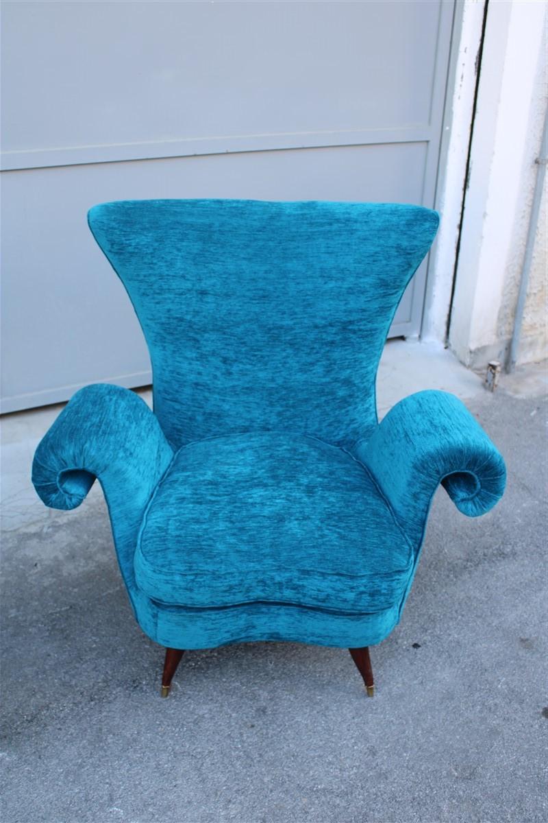 Pair Mid-Century Italian Armchairs Blue Velvet Melchiorre Bega Feet Wood Brass 10