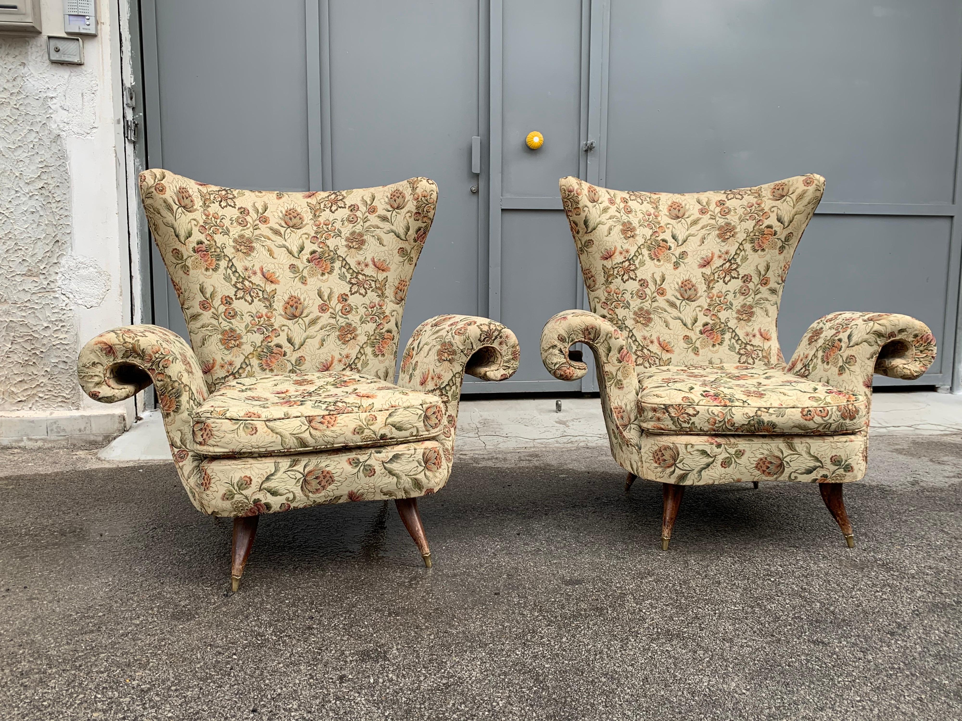 Pair Mid-Century Italian Armchairs Blue Velvet Melchiorre Bega Feet Wood Brass 15