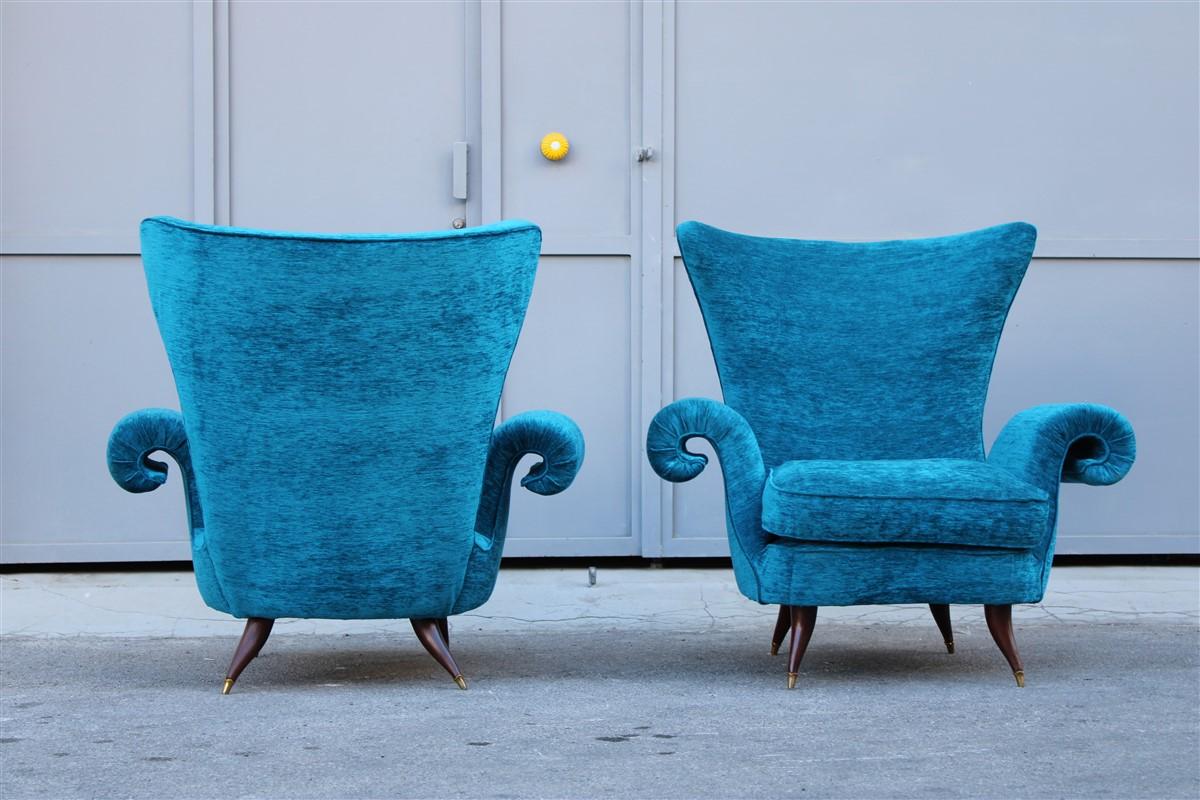 Pair Mid-Century Italian Armchairs Blue Velvet Melchiorre Bega Feet Wood Brass 1