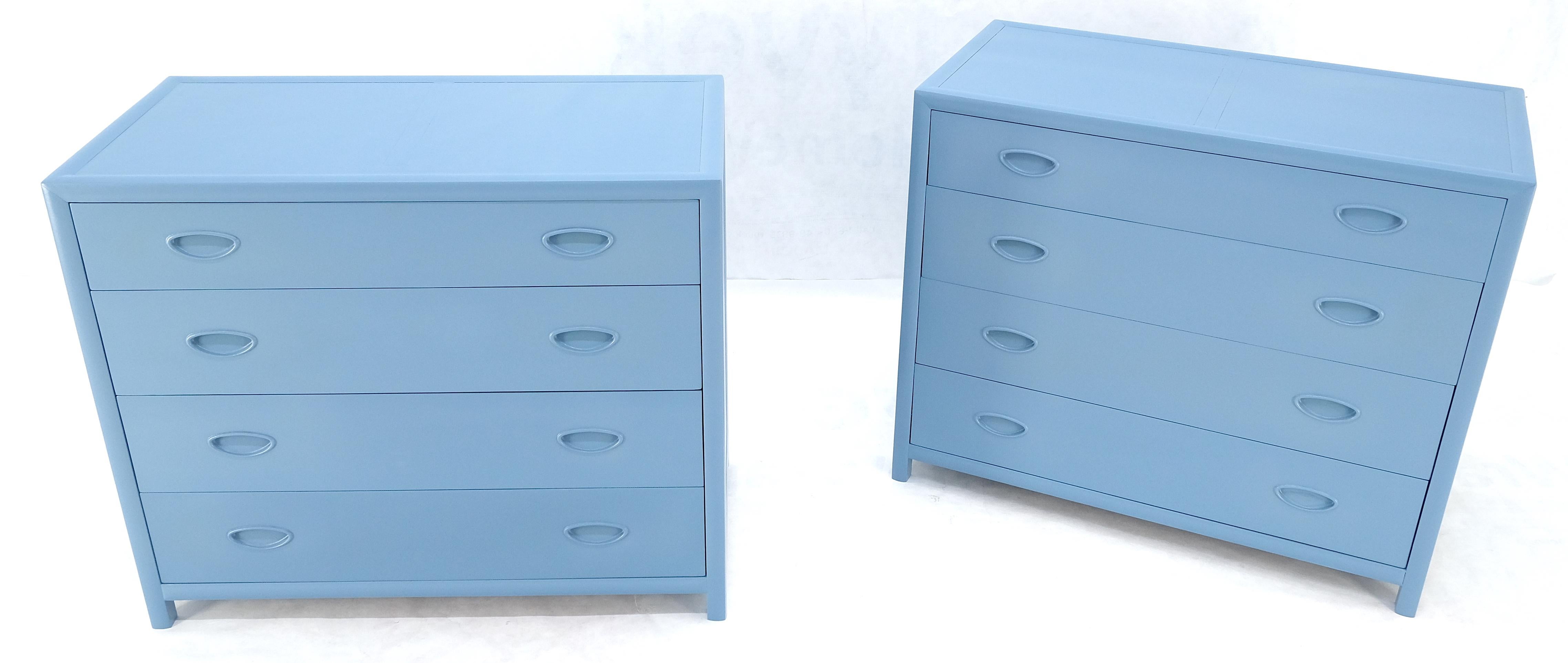Lacquered Pair Michael Taylor For Baker Light Grey Blue 4 Drawer Dressers Bachelor Chests For Sale