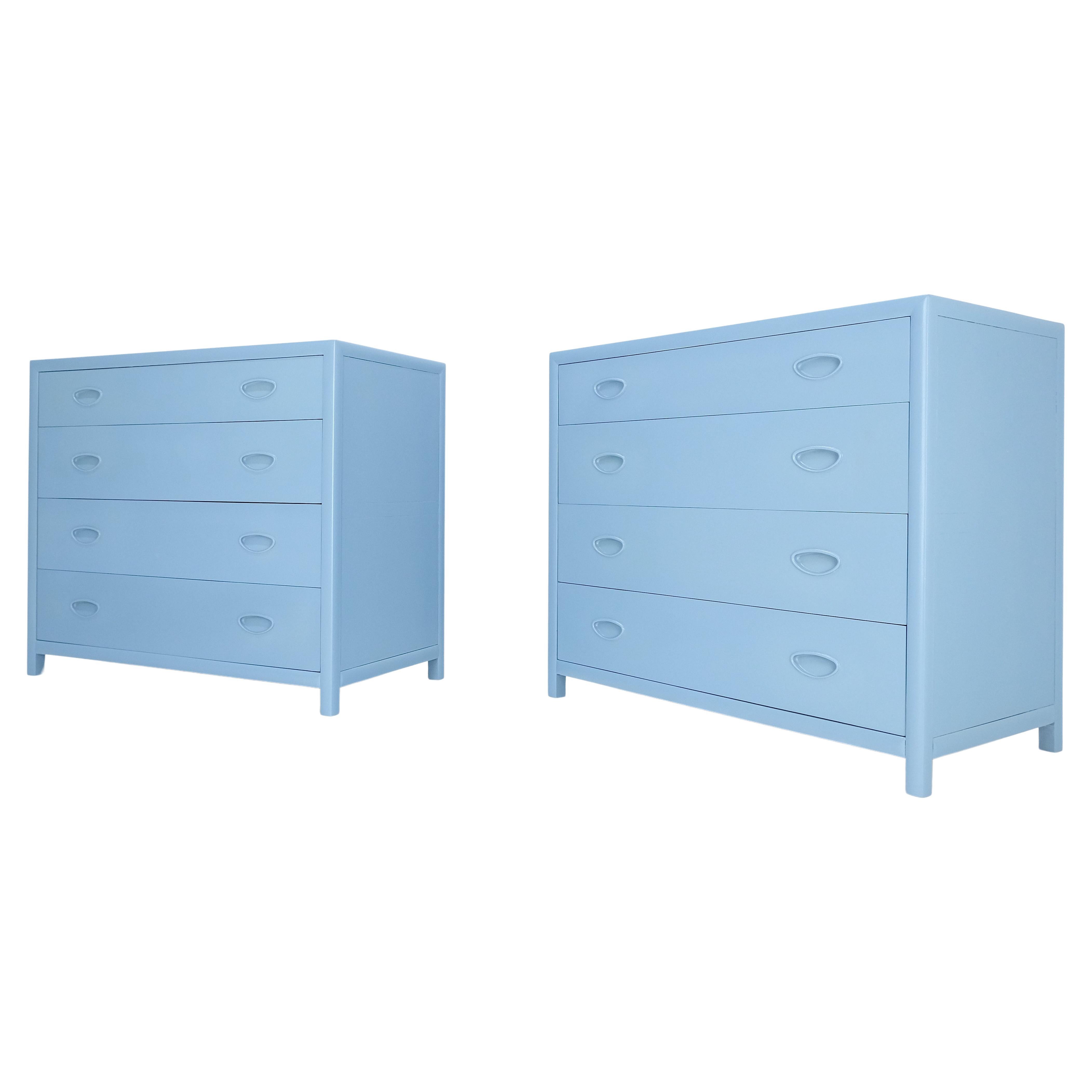Pair Michael Taylor For Baker Light Grey Blue 4 Drawer Dressers Bachelor Chests For Sale