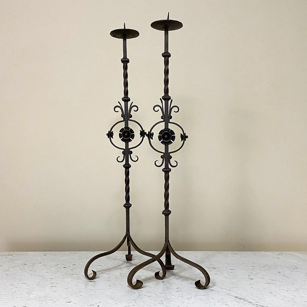 Louis XIV Pair of Mid-19th Century Wrought Iron Torcheres Candlesticks For Sale