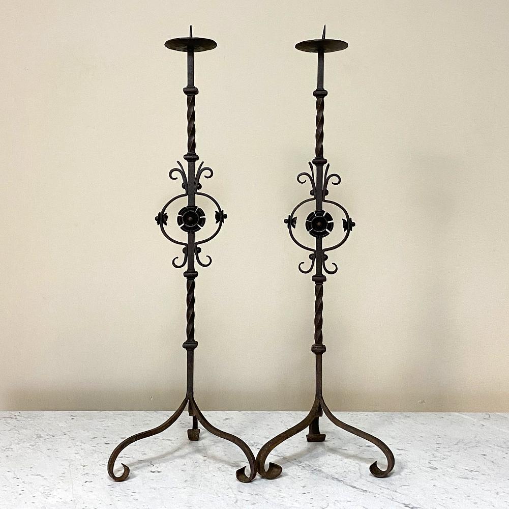 French Pair of Mid-19th Century Wrought Iron Torcheres Candlesticks For Sale