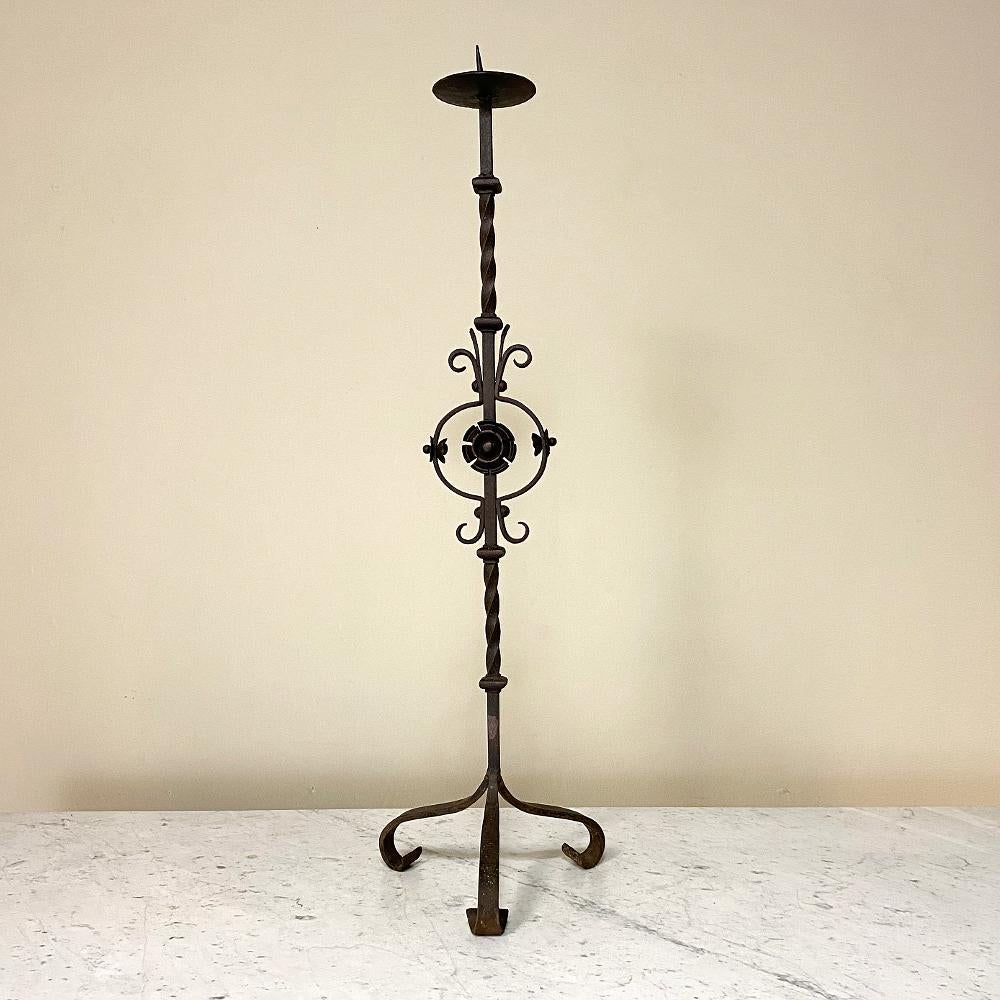 Hand-Crafted Pair of Mid-19th Century Wrought Iron Torcheres Candlesticks For Sale