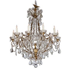 Pair Mid 20th c Italian Crystal Chandeliers Gilded Frames with Giltwood Finials